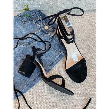 法式新款交叉綁帶涼鞋羅馬風粗跟尖頭高跟時尚百搭絨面真皮仙女風