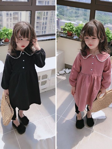 春秋季新款 女童個性洋氣長袖裙子 中小童寬松花邊翻領連衣裙1入