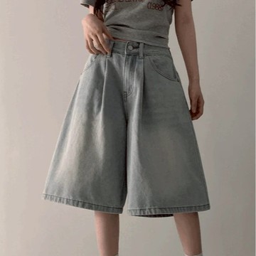 Codibook｜韓國 thepink 高腰打褶水洗丹寧百慕達短褲［現貨 - 藍色(長) / XL］短褲 闊腿褲 女裝