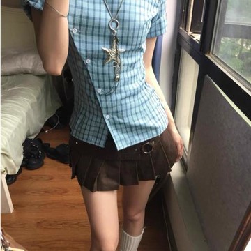 格紋襯衣設計感小眾收腰上衣