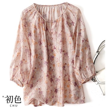 初色 法式圓領五分泡泡袖襯衫上衣短袖印花碎花女上衣-藕粉色-35387(M-2XL可選)