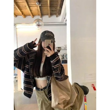 大碼新款慵懶休閒撞色條紋連帽衛衣外套女秋冬季顯瘦上衣ins 大尺碼上衣 休閒外套 春季外套 顯瘦上衣 外套女
