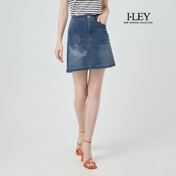 ILEY伊蕾 花朵水洗刷色牛仔裙(藍；M-XL)