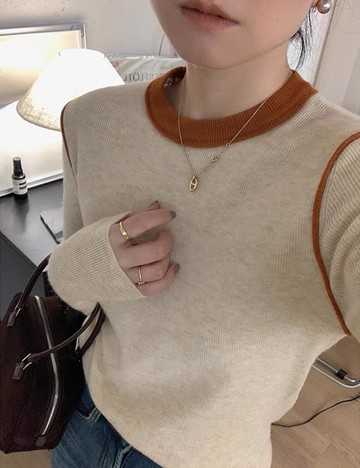 【限時79折】百搭系列．柔蜜妝點撞色圓領針織衫