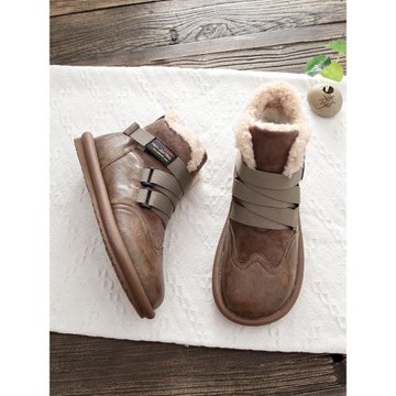 森女系復古文藝毛毛雪地靴原創手工大頭平底短靴顯瘦百搭冬季棉靴