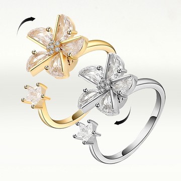I.Dear-正白K-花式風車-韓國網紅款花朵星星旋轉紓壓鑲鑽開口銀戒指
