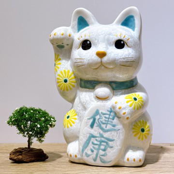 【皓晶康福】日本清水燒招財貓 | 花結晶白 - 健康 特大 右