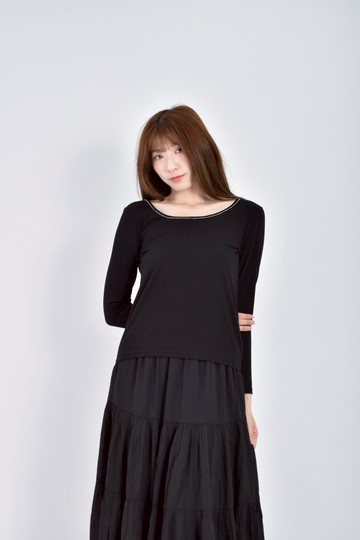 (S) rope picnic質感棉質小珠珠領黑色長袖上衣