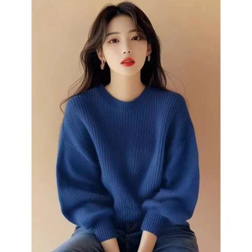 正品哥家女裝2025秋冬新款慵懶風藍色軟糯寬松羊毛針織衫毛衣上衣