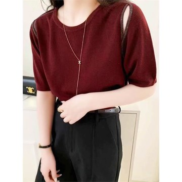 2025秋新款好看氣質別致雙肩鏤空燙鉆五分袖洋氣羊毛針織衫毛衣女