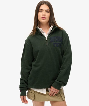 Superdry Women's Oversized Vintage Athletic Zip Henley Jumper Green Size: L