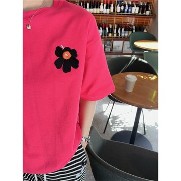 韓國東大門女裝春夏季減齡甜美風精致重工刺繡花朵玫紅色短袖T恤