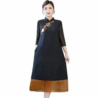 ワンピース ロング チャイナドレス 7分袖 Aライン 大きいサイズ アオザイ 刺繍 花柄 ドレス 結婚式 着痩せ S 通販 Lineポイント最大get Lineショッピング