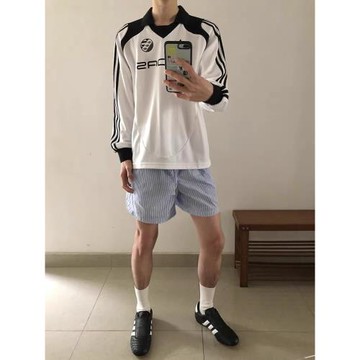 美式藍色豎條紋四分褲男夏薄款休閑寬松不過膝褲cleanfit慵懶短褲