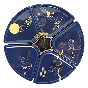 摩達客 農曆春節開運 高級優雅宮廷國畫金系分格陶瓷精緻糖果盒 水果盤聚寶盆 高溫燒製  藍色  1個