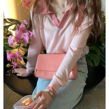 粉色V領針織毛衣POLO衫內搭打底女秋冬高級感氣質顯瘦溫柔風上衣