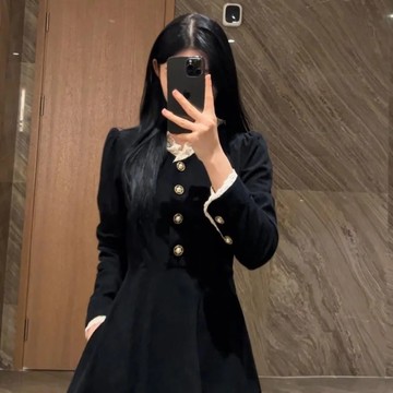 大碼赫本風高級感洋裝 連衣裙 洋裝 連身裙 裙子 黑色燈芯絨連衣裙女秋冬收腰顯瘦中長裙 大尺碼服飾 平價女裝 韓版女裝