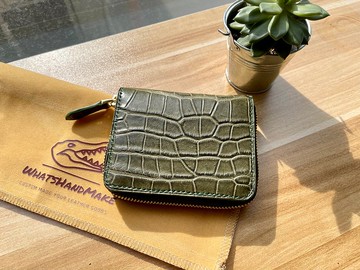 手工深綠色啞面鱷魚皮革拉鏈散紙銀包
