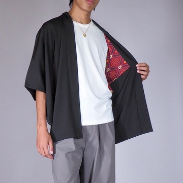 【日本製造】80 年代復古羽織男式和服夾克、黑色、吉祥圖案