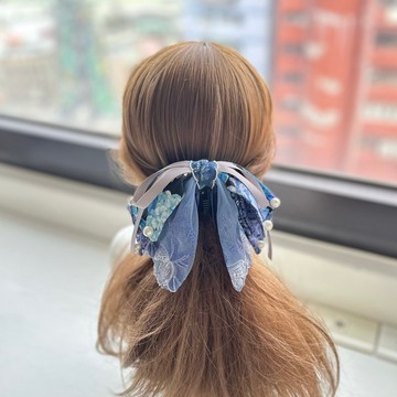 拼接棉布蕾絲蝴蝶結鯊魚夾抓夾相交夾髮夾髮飾頭飾-藍色花圖騰