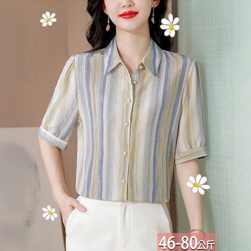 翻領條紋漸層撞色半分袖襯衫 M-3XL【395598X】【現+預】☆流行前線☆