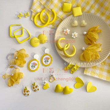 s925銀黃色系花朵蝴蝶結耳釘女 夏季甜美可愛幾何耳環 高級感洋氣耳飾[倪醬小鋪]