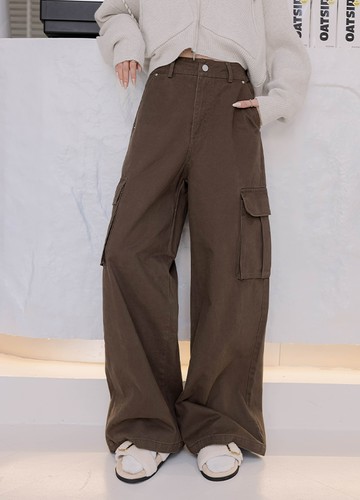 咖啡色側口袋大寬褲