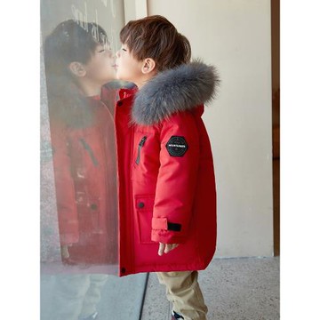 兒童羽絨服男款洋氣冬裝加厚大毛領工裝外套中長款小童寶寶派克服