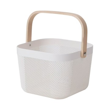木柄手提籃 時尚塑料木質鐵件  24.6 x 24.2 x 18.2cm  白色  1個