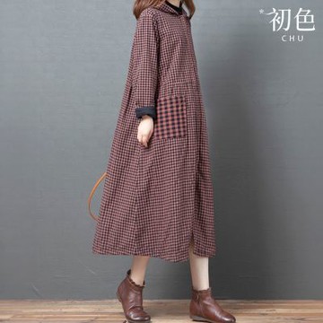 初色 韓版拼接格紋連帽寬鬆單排釦口袋長版長袖外套女外套-咖色格紋-17322(L-2XL可選)