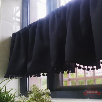 黑色遮光免打孔穿桿魔術貼布藝短簾小窗簾櫥柜隔斷飄窗半簾頭定制