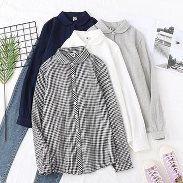 韓版百搭雙層棉紗元寶翻領長袖襯衫四色可選-設計所在