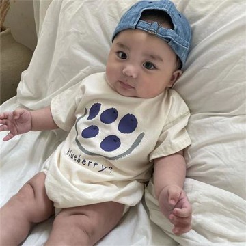 ins韓版2025夏款嬰兒可愛藍莓印花短袖連體哈衣寶寶三角包屁爬服