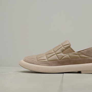 磚型拼接-羊皮休閒鞋圓頭鞋-杏棕色