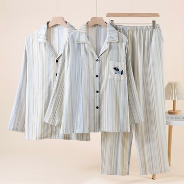 100%棉質條紋小狗情侶睡衣女雙層純棉紗布春秋男士翻領長袖全棉家居服套裝