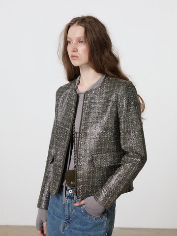 綠野仙蹤 燙銀撞釘格紋粗花小香風外套