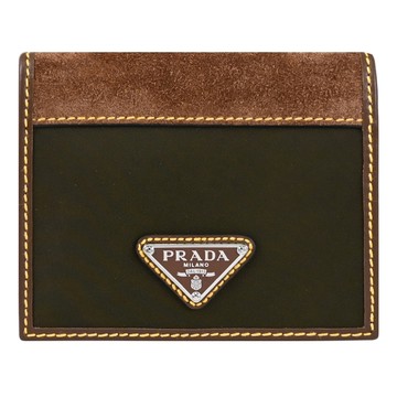 PRADA 2MO004 三角LOGO尼龍麂皮對開短夾.墨綠/棕