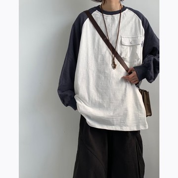 【癮品流行-YP】大學T 長袖 情侶 落肩衛衣 圓領 套頭 港風 撞色拼接 圓領衛衣 男寬鬆上衣 長袖T恤 打底衫上衣