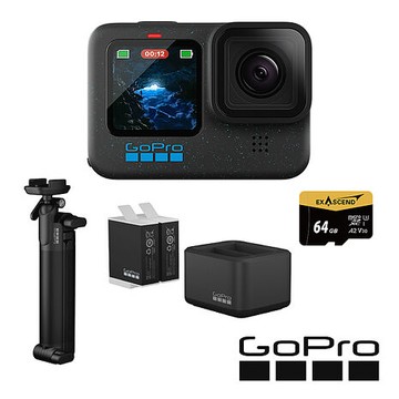 GoPro HERO 12 Black 三向自拍套組 (HERO12單機+三向多功能自拍桿2.0+Enduro雙座充+雙