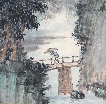 袁松年春溪煙雨30X82仿古畫水墨名畫復制山水畫書房玄關掛畫心