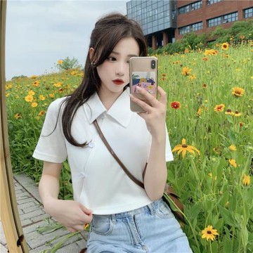 小眾設計感短袖襯衫女polo翻領短款大碼胖mm襯衣春高腰露臍上衣夏