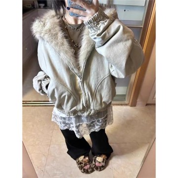 美式復古座山雕毛毛棉服外套男女cleanfit街頭風加厚保暖工裝夾克