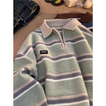 日系復古條紋翻領毛衣男女生森系秋冬季慵懶風bf小眾情侶款針織衫