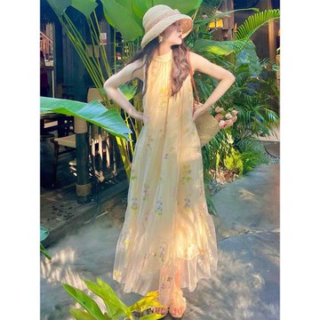 法式浪漫溫柔無袖改掛脖網紗連衣裙夏季新款小個子收腰顯瘦長裙子