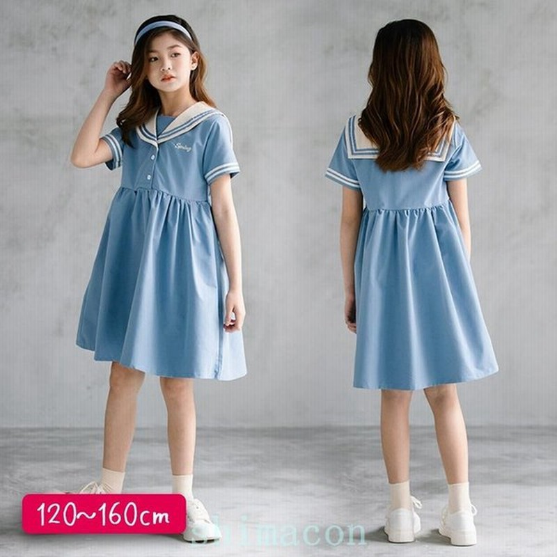 セーラー服風ワンピースセーラーカラーセーラー襟小学生中学生女子半袖ワンピースミディ丈膝丈半袖子供服女の子cm 通販 Lineポイント最大0 5 Get Lineショッピング
