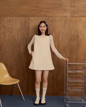 姵萱聯名 氣質毛絨兩穿背心短洋裝-杏 S/M