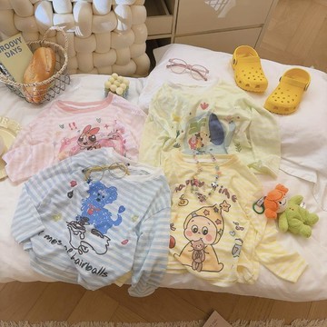 【柔軟親膚】星星人兒童卡通印花條紋長袖 男女童輕薄透氣防曬圓領T恤衫 寶寶薄款透氣防曬罩衫 男女童圓領長袖上衣