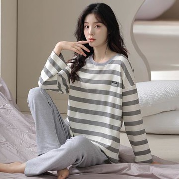 純棉睡衣女款春秋季長袖套頭家居服2025年新款條紋休閑可外穿套裝