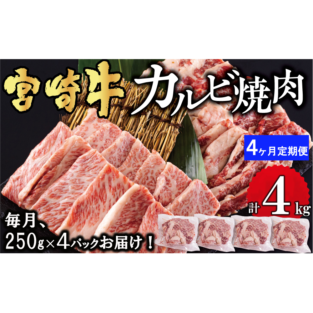  宮崎牛 カルビ 焼肉 1kg (250g×4) ×4回 合計4kg 小分け 真空包装 バラ 冷凍 送料無料 国産 牛 肉 焼肉 BBQ バーベキュー キャンプ カルビ丼 普段使い 収