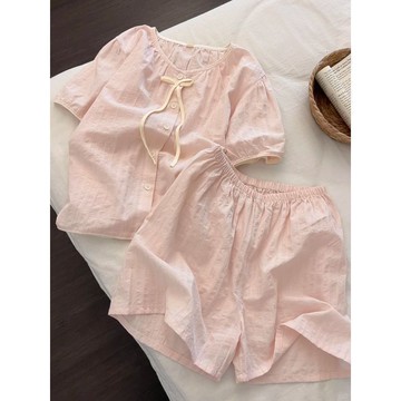 DUYI~夢詩 睡衣套裝女甜美少女粉色系帶短袖短褲夏季家居服兩件套休閒可外穿